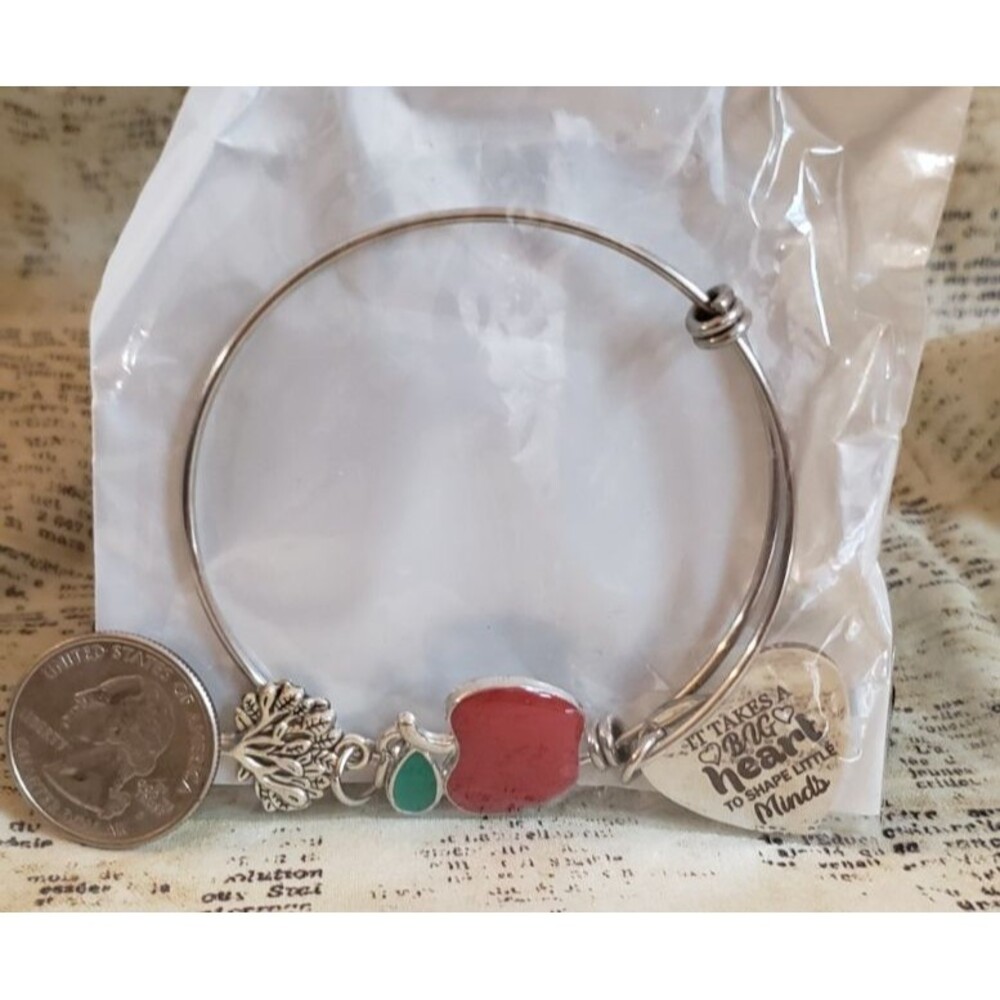 Whimsical Back to School - Silver Tone Charm Bracelet - Apple, Tree, "Big Heart"